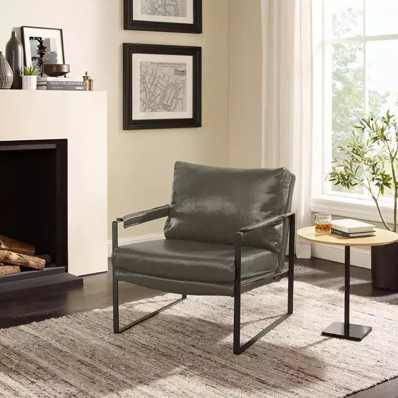 Faux Leather Cushioned Seat and Back Accent Chair with Metal Frame