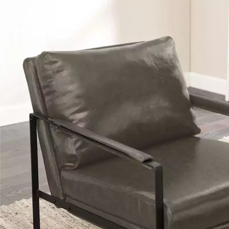 Faux Leather Cushioned Seat and Back Accent Chair with Metal Frame