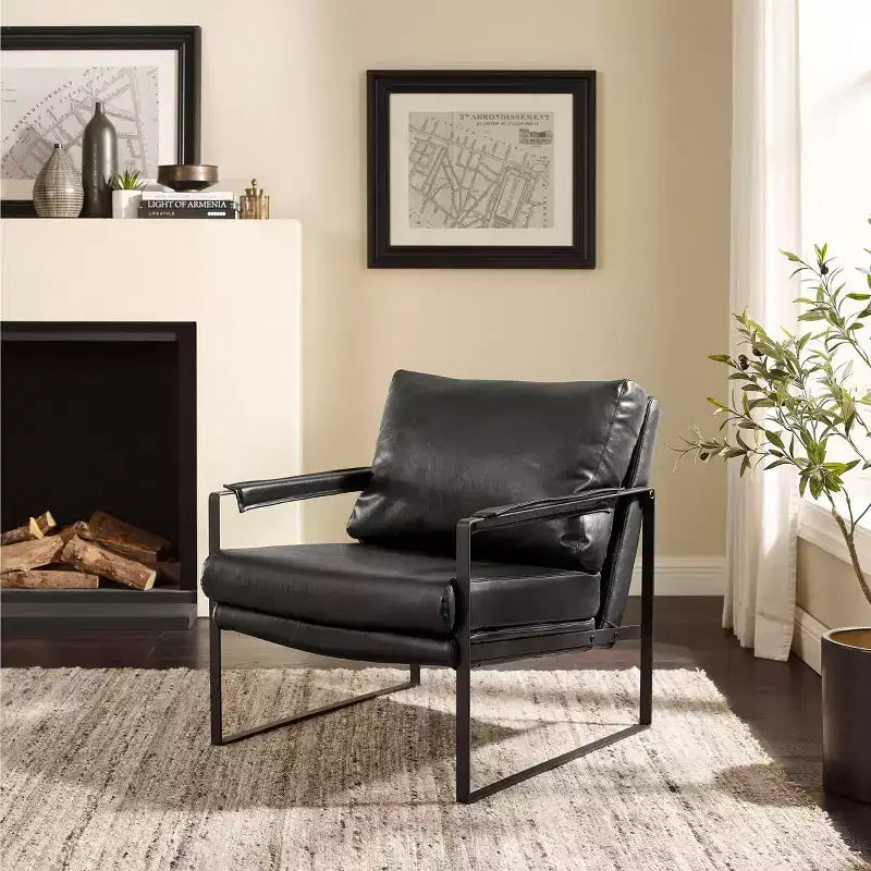 Faux Leather Cushioned Seat and Back Accent Chair with Metal Frame