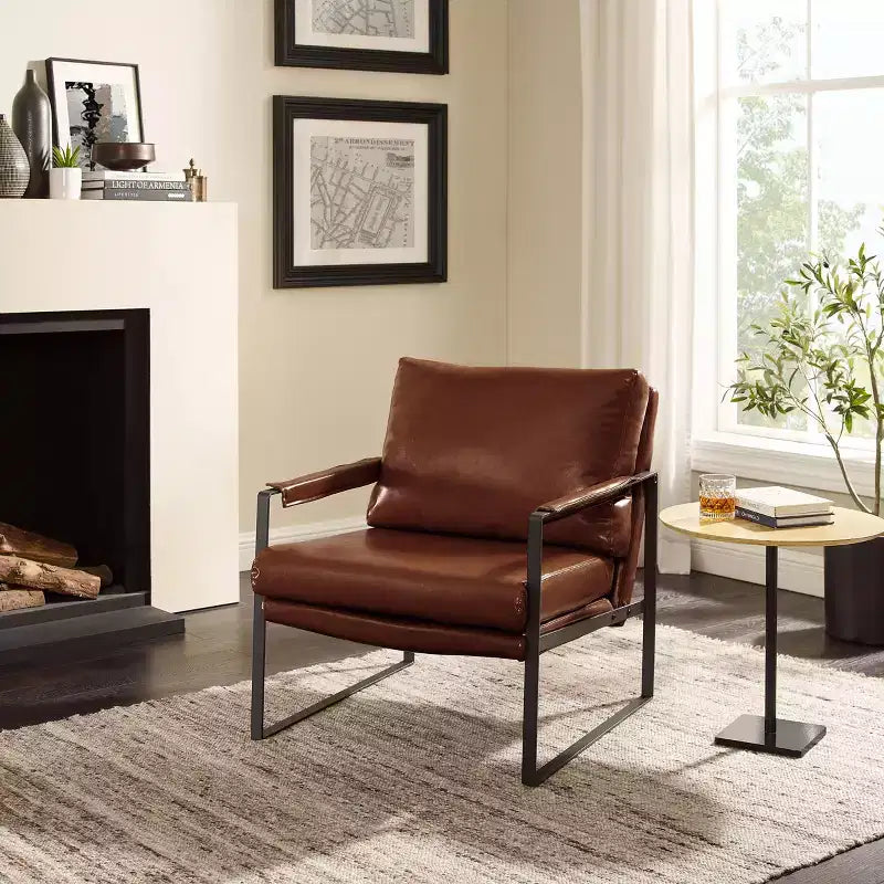 Faux Leather Cushioned Seat and Back Accent Chair with Metal Frame
