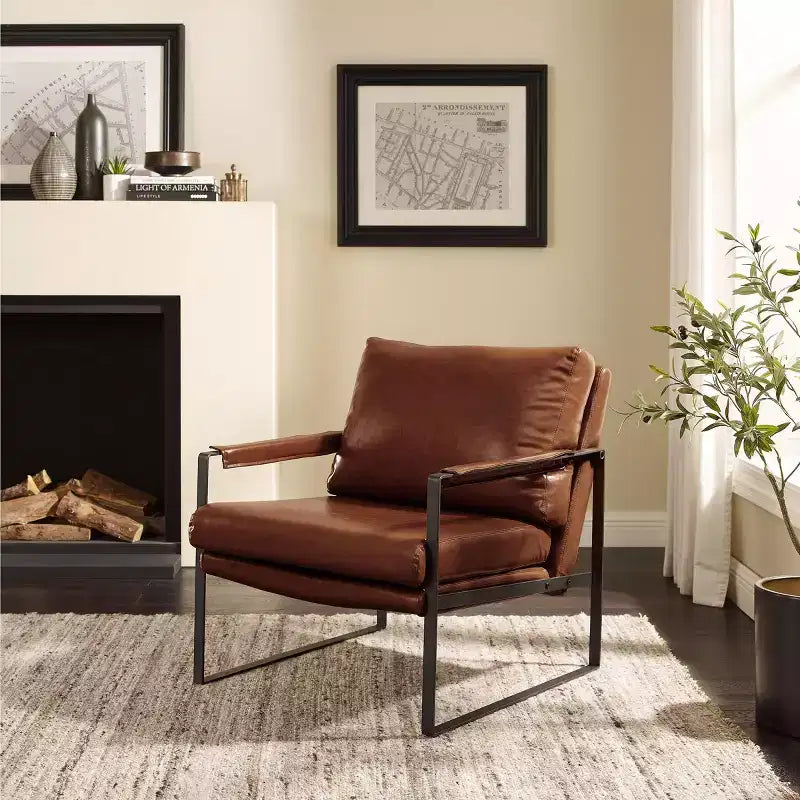 Faux Leather Cushioned Seat and Back Accent Chair with Metal Frame