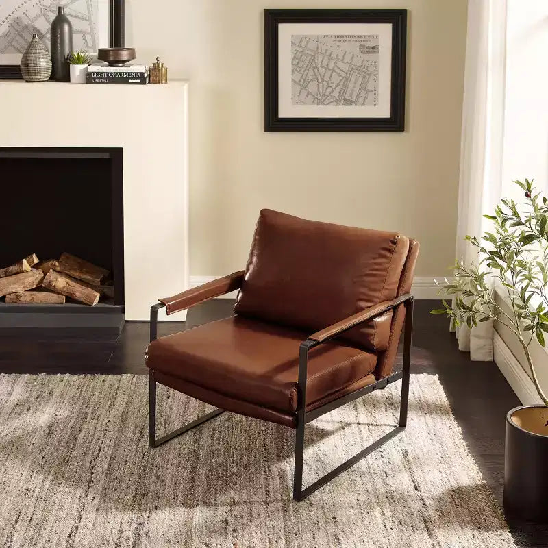 Faux Leather Cushioned Seat and Back Accent Chair with Metal Frame