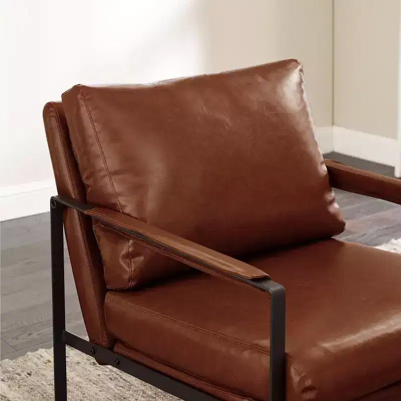 Faux Leather Cushioned Seat and Back Accent Chair with Metal Frame
