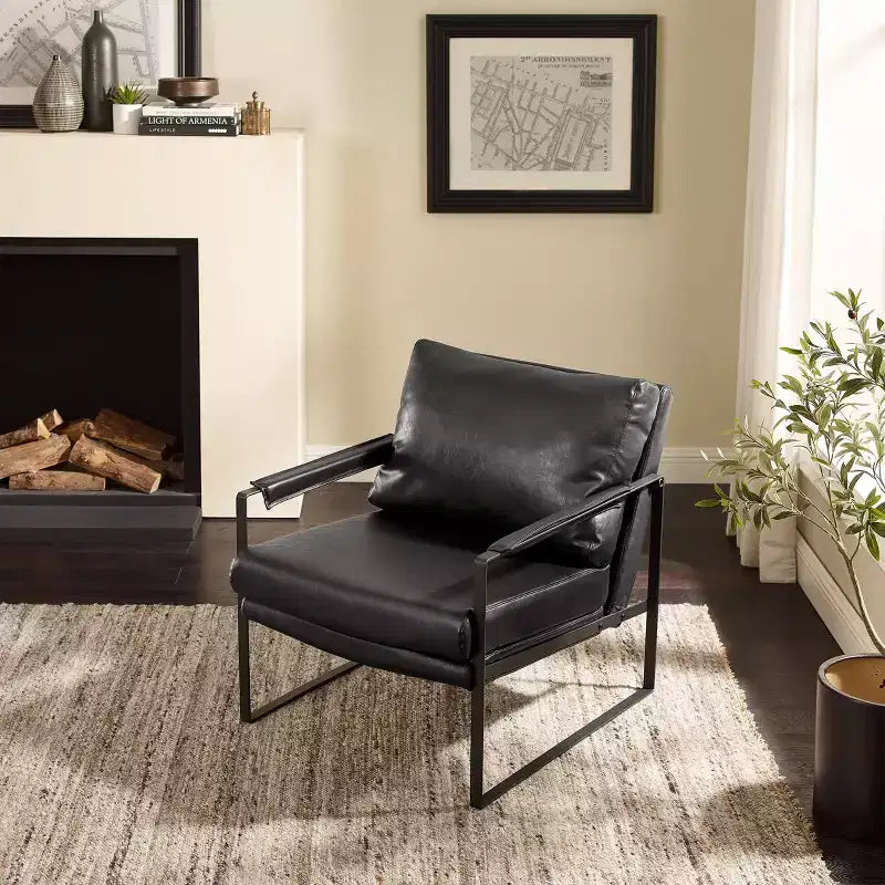 Faux Leather Cushioned Seat and Back Accent Chair with Metal Frame