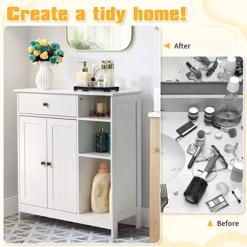 White Bathroom Cabinet with Vertical Stripe Doors, Drawer and Side Shelves