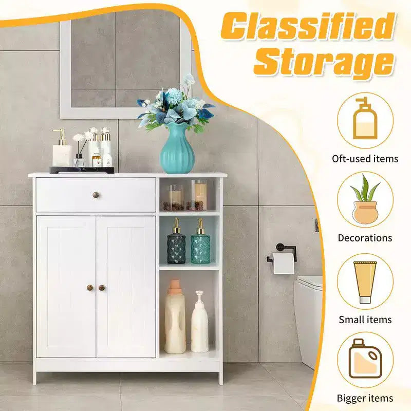 White Bathroom Cabinet with Vertical Stripe Doors, Drawer and Side Shelves