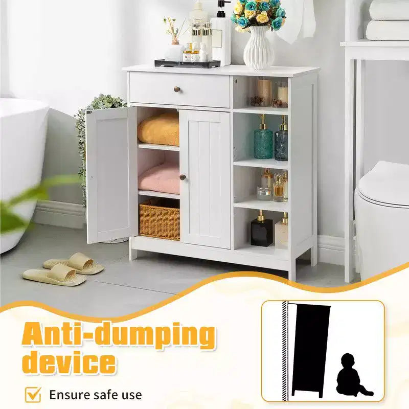White Bathroom Cabinet with Vertical Stripe Doors, Drawer and Side Shelves