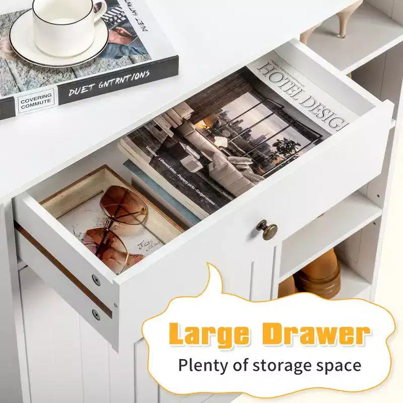 White Bathroom Cabinet with Vertical Stripe Doors, Drawer and Side Shelves