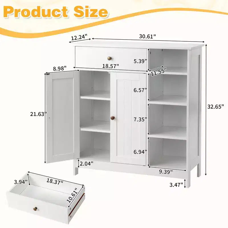 White Bathroom Cabinet with Vertical Stripe Doors, Drawer and Side Shelves