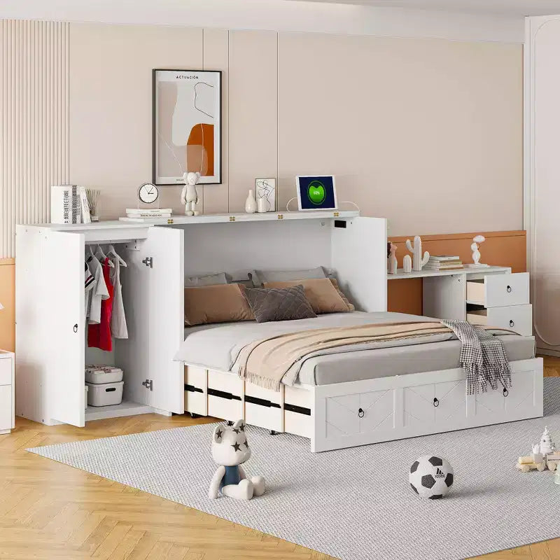 Queen Size Murphy Cabinet Bed with USB Port, Drawer, Wardrobe and Desk