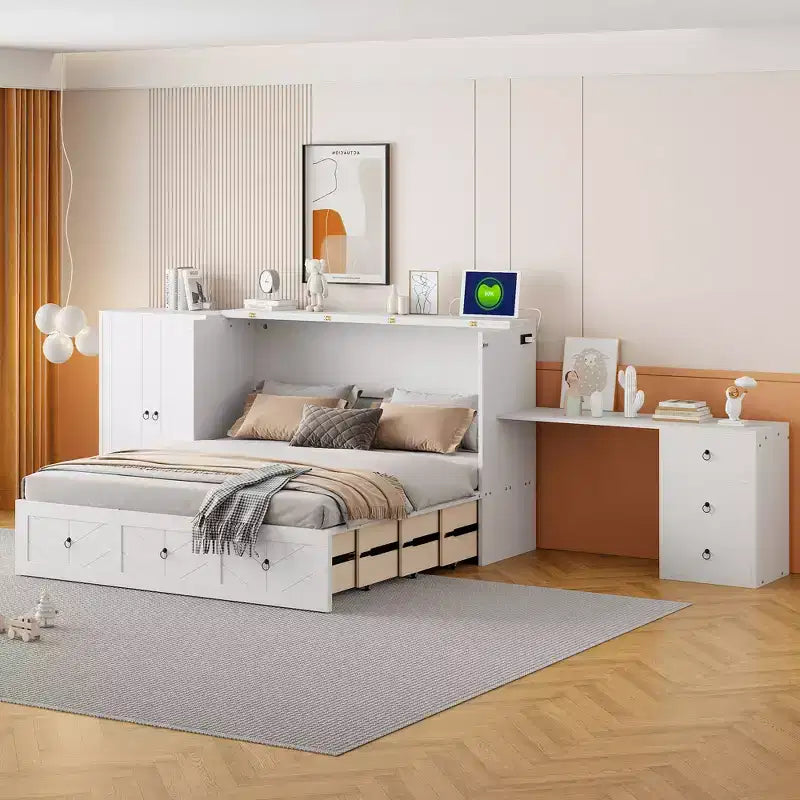 Queen Size Murphy Cabinet Bed with USB Port, Drawer, Wardrobe and Desk