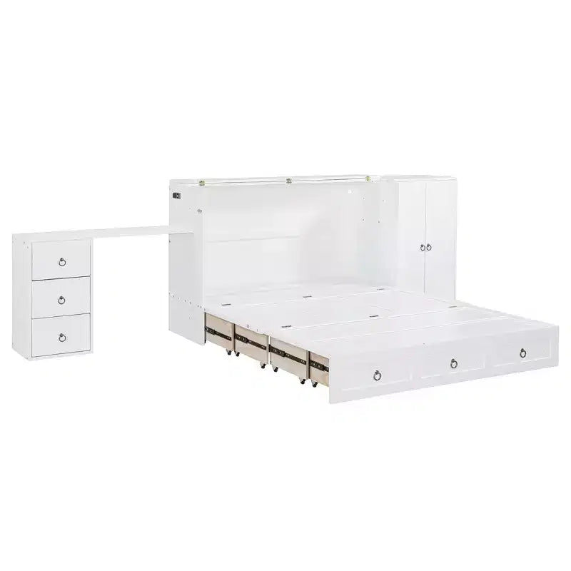 Queen Size Murphy Cabinet Bed with USB Port, Drawer, Wardrobe and Desk