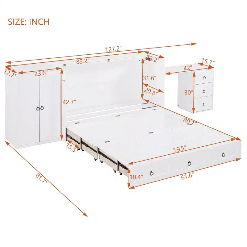 Queen Size Murphy Cabinet Bed with USB Port, Drawer, Wardrobe and Desk