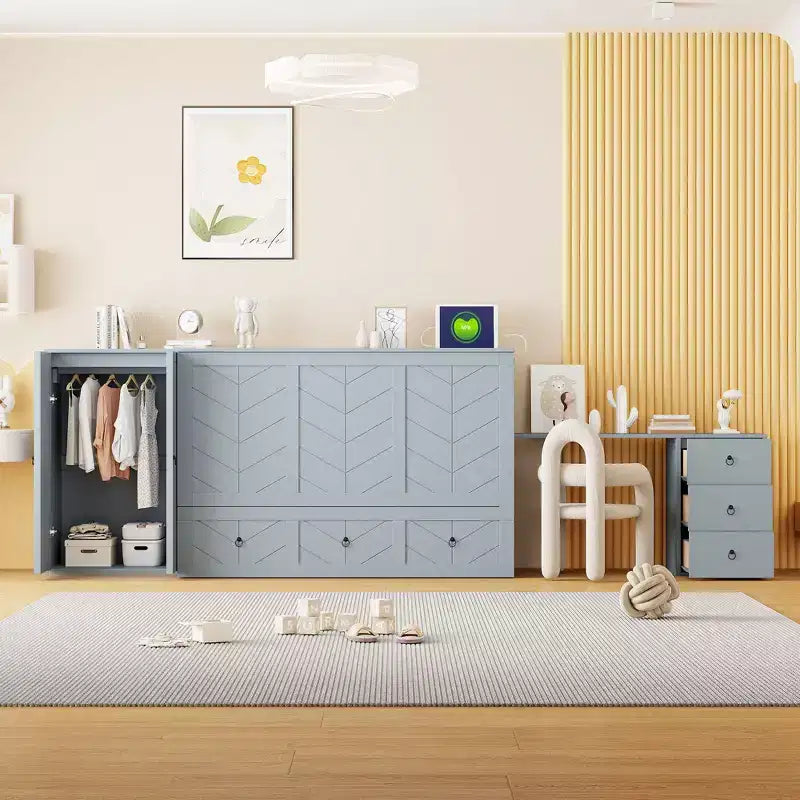 Queen Size Murphy Cabinet Bed with USB Port, Drawer, Wardrobe and Desk