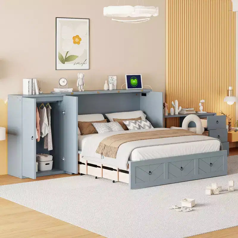 Queen Size Murphy Cabinet Bed with USB Port, Drawer, Wardrobe and Desk