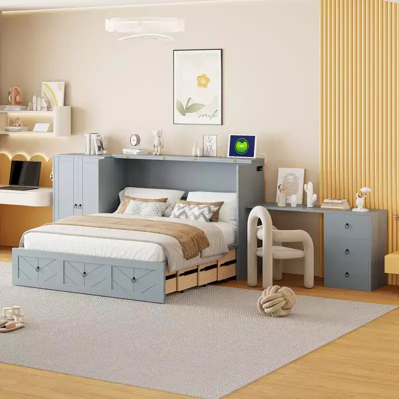 Queen Size Murphy Cabinet Bed with USB Port, Drawer, Wardrobe and Desk