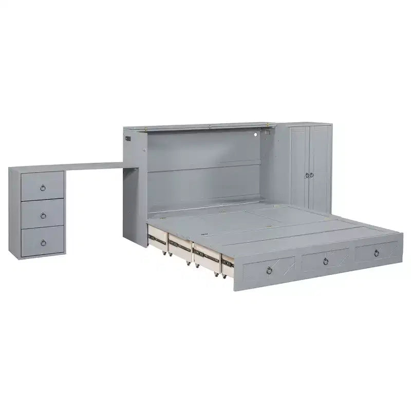 Queen Size Murphy Cabinet Bed with USB Port, Drawer, Wardrobe and Desk