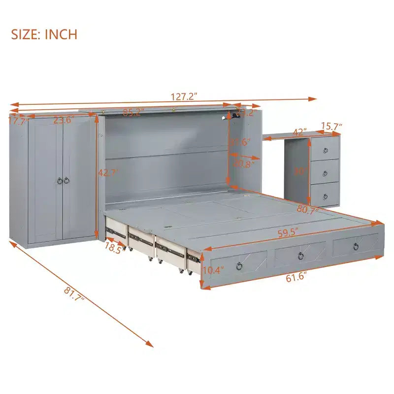 Queen Size Murphy Cabinet Bed with USB Port, Drawer, Wardrobe and Desk