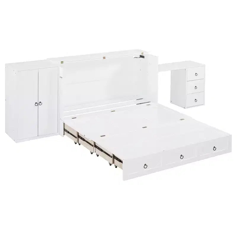 Queen Size Murphy Cabinet Bed with USB Port, Drawer, Wardrobe and Desk