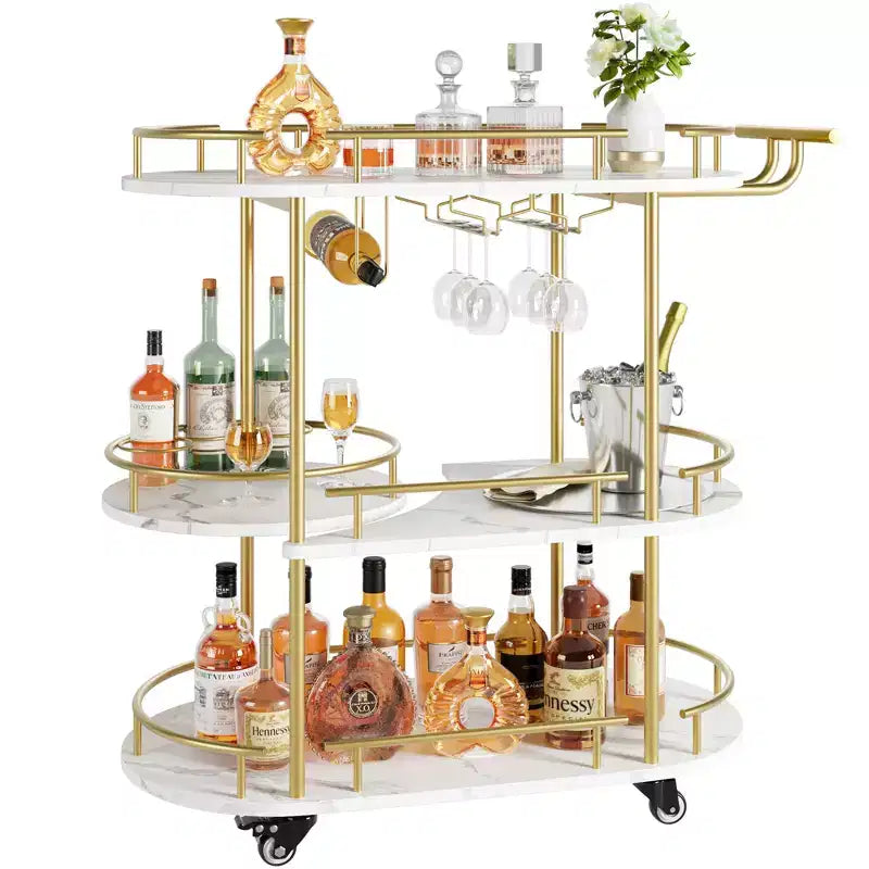 3-Tier Rotating Bar Cart Gold with Wine Rack and Glass Holder