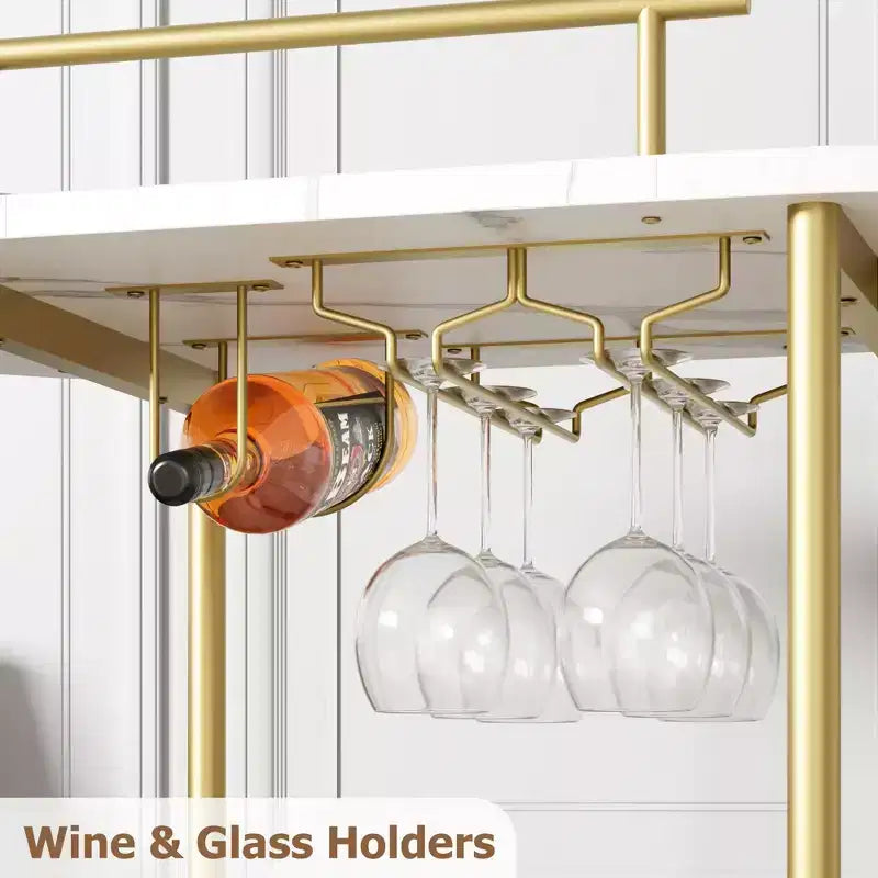 3-Tier Rotating Bar Cart Gold with Wine Rack and Glass Holder