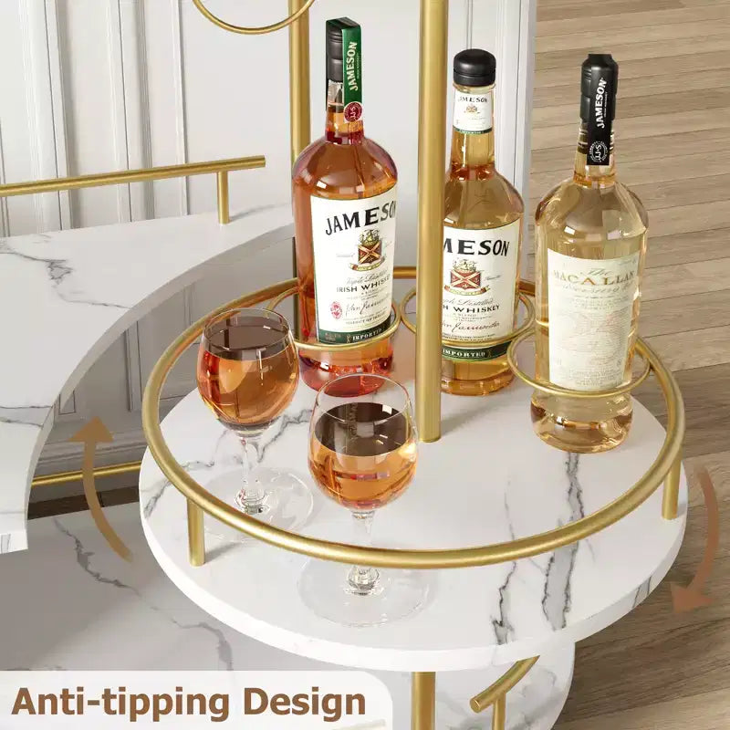 3-Tier Rotating Bar Cart Gold with Wine Rack and Glass Holder