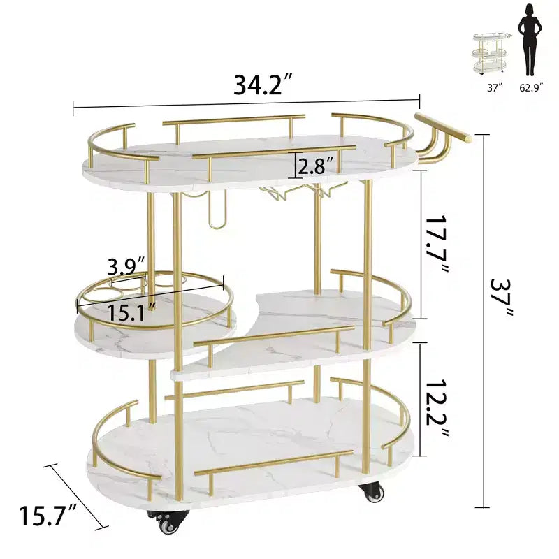 3-Tier Rotating Bar Cart Gold with Wine Rack and Glass Holder