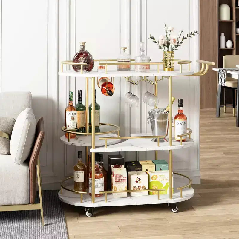 3-Tier Rotating Bar Cart Gold with Wine Rack and Glass Holder