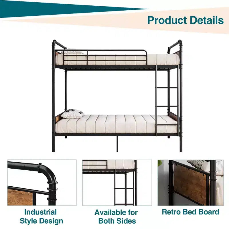 Bunk Bed, Twin Bed - Heavy Duty Industrial Metal Bunkbeds with Safety Guard Rails, Convertible to Two Beds