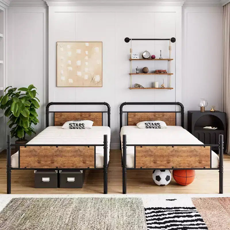 Bunk Bed, Twin Bed - Heavy Duty Industrial Metal Bunkbeds with Safety Guard Rails, Convertible to Two Beds
