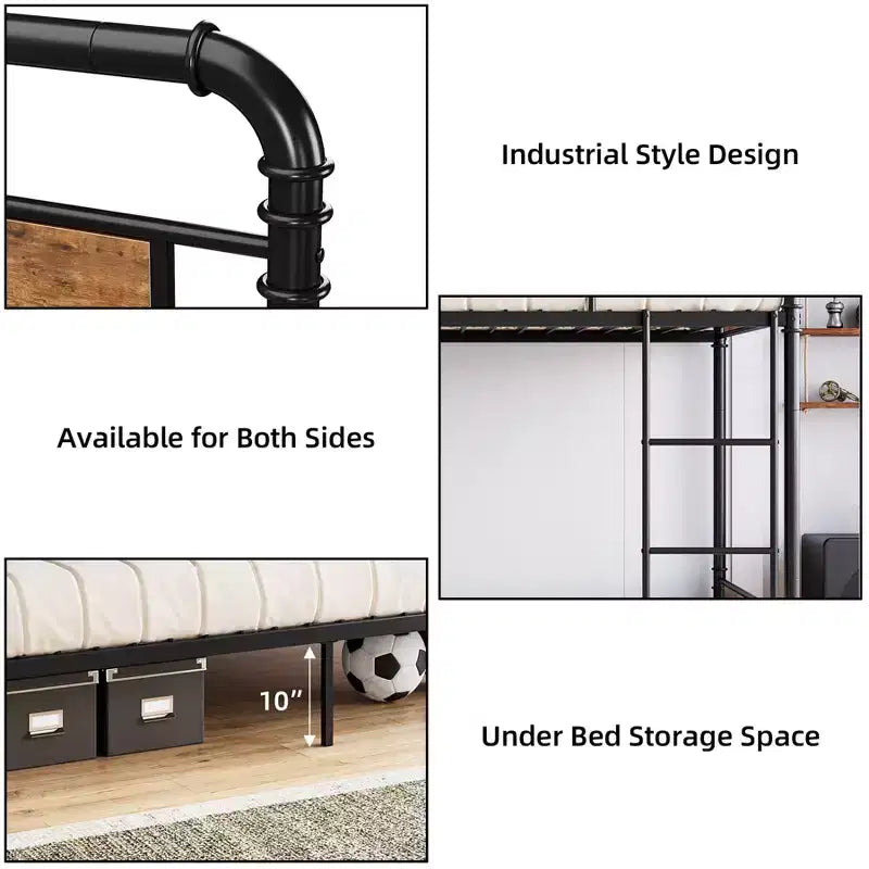 Bunk Bed, Twin Bed - Heavy Duty Industrial Metal Bunkbeds with Safety Guard Rails, Convertible to Two Beds