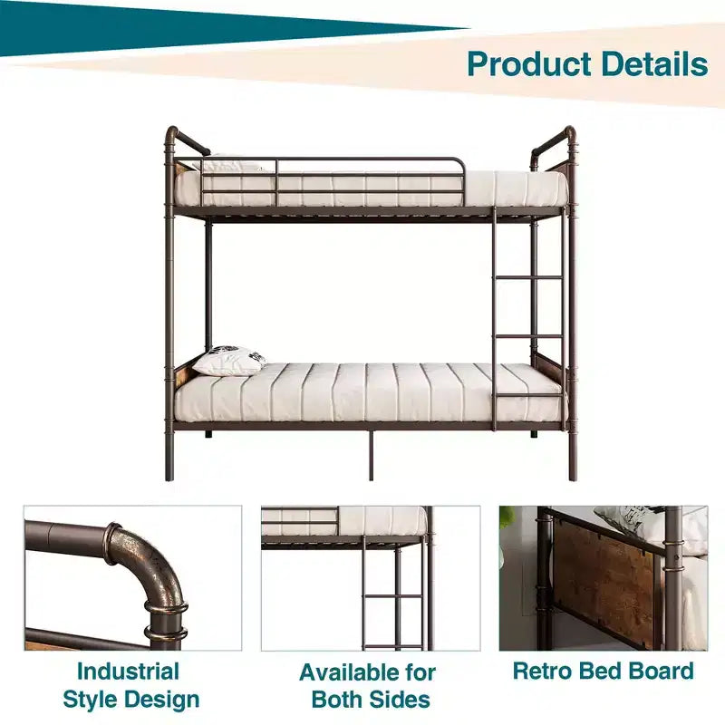 Bunk Bed, Twin Bed - Heavy Duty Industrial Metal Bunkbeds with Safety Guard Rails, Convertible to Two Beds