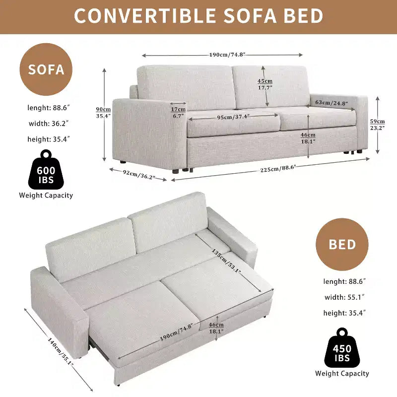 88.6" Convertible Sleeper Sofa Bed - Modern Linen Fabric Pull-Out Couch