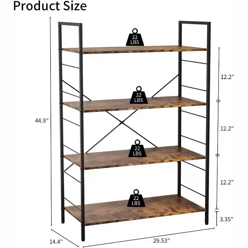 4-Tier Industrial Bookshelf - Brown Storage Shelf with Steel Frame and X Bars