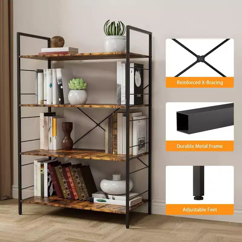 4-Tier Industrial Bookshelf - Brown Storage Shelf with Steel Frame and X Bars