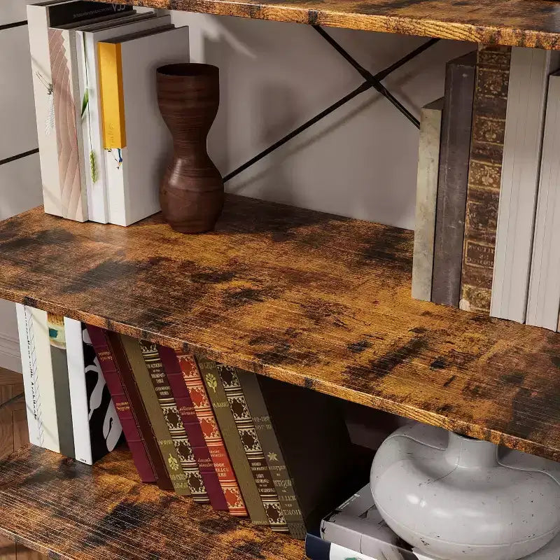 4-Tier Industrial Bookshelf - Brown Storage Shelf with Steel Frame and X Bars