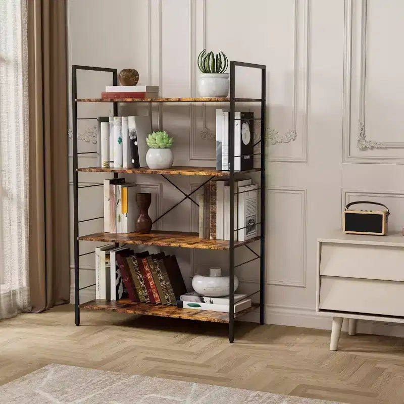 4-Tier Industrial Bookshelf - Brown Storage Shelf with Steel Frame and X Bars