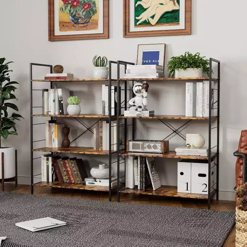 4-Tier Industrial Bookshelf - Brown Storage Shelf with Steel Frame and X Bars
