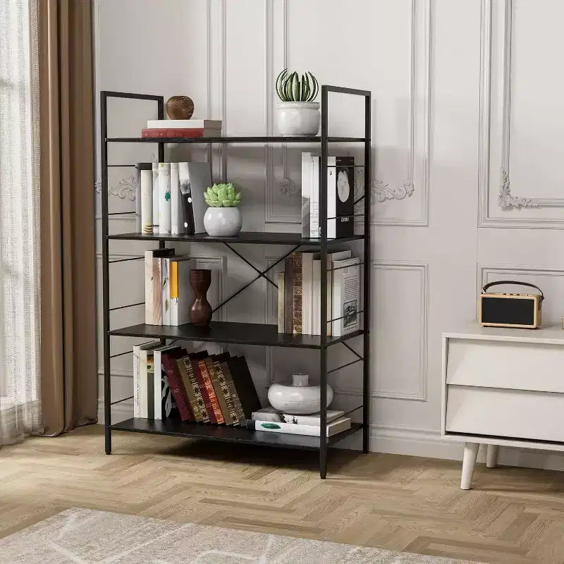 4-Tier Industrial Bookshelf - Brown Storage Shelf with Steel Frame and X Bars