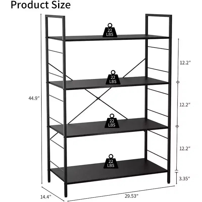 4-Tier Industrial Bookshelf - Brown Storage Shelf with Steel Frame and X Bars