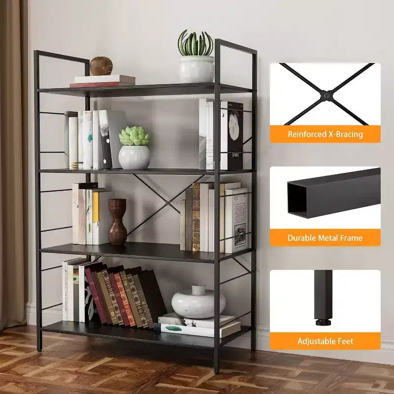 4-Tier Industrial Bookshelf - Brown Storage Shelf with Steel Frame and X Bars