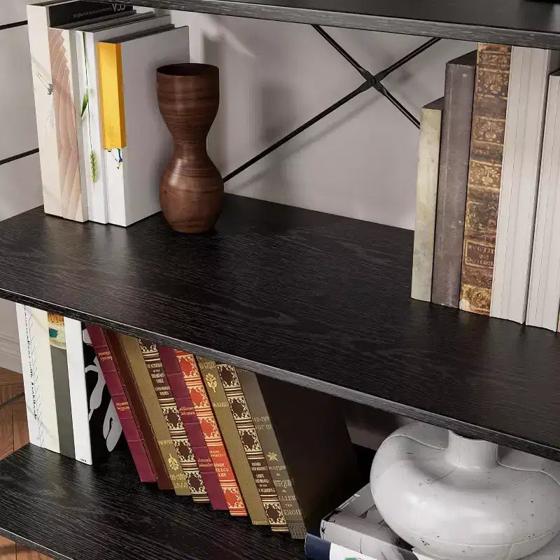 4-Tier Industrial Bookshelf - Brown Storage Shelf with Steel Frame and X Bars