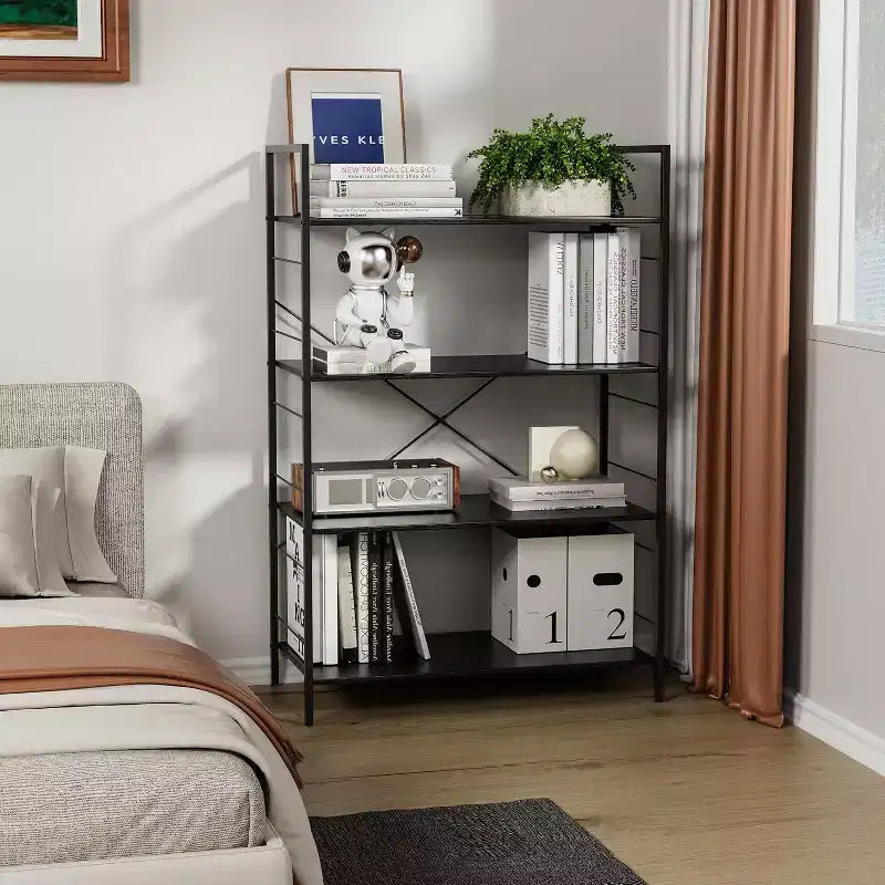 4-Tier Industrial Bookshelf - Brown Storage Shelf with Steel Frame and X Bars