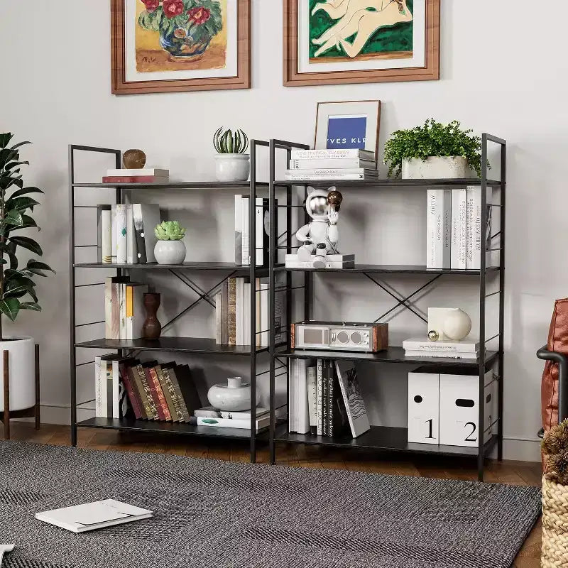 4-Tier Industrial Bookshelf - Brown Storage Shelf with Steel Frame and X Bars