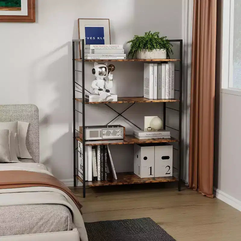4-Tier Industrial Bookshelf - Brown Storage Shelf with Steel Frame and X Bars