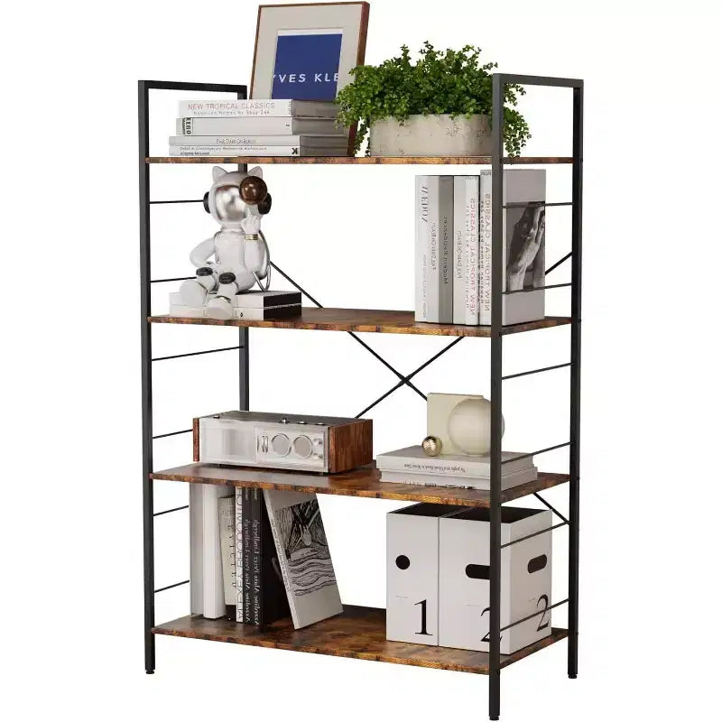 4-Tier Industrial Bookshelf - Brown Storage Shelf with Steel Frame and X Bars