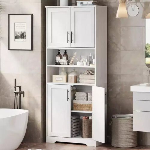 TROPOW 67 Tall Storage Cabinet, Tall Bathroom Cabinet with 4 Doors and Adjustable Shelves, Cupboard for Dining Room, Antique White
