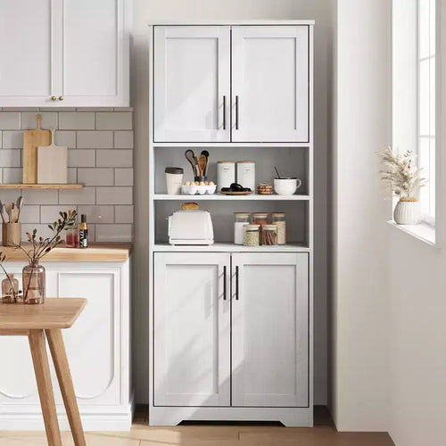 Madia alta 67 con 4 ante e ripiani regolabili, Credenza per sala da pranzo, Bianco antico