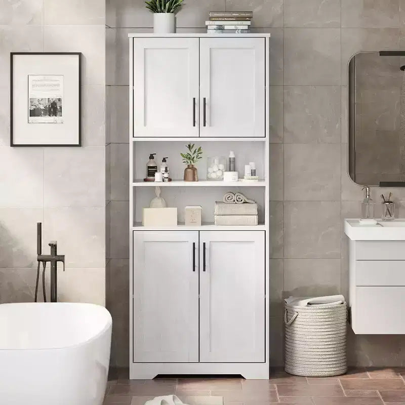 67 Tall Storage Cabinet, Tall Bathroom Cabinet with 4 Doors and Adjustable Shelves, Cupboard for Dining Room, Antique White