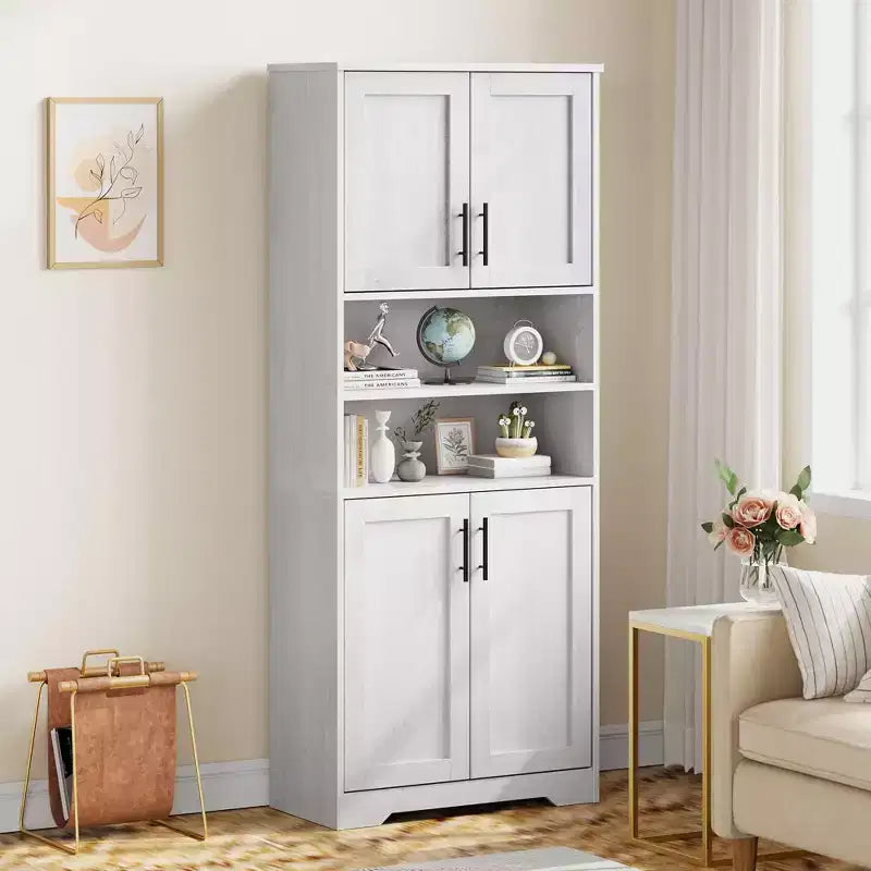 67 Tall Storage Cabinet, Tall Bathroom Cabinet with 4 Doors and Adjustable Shelves, Cupboard for Dining Room, Antique White